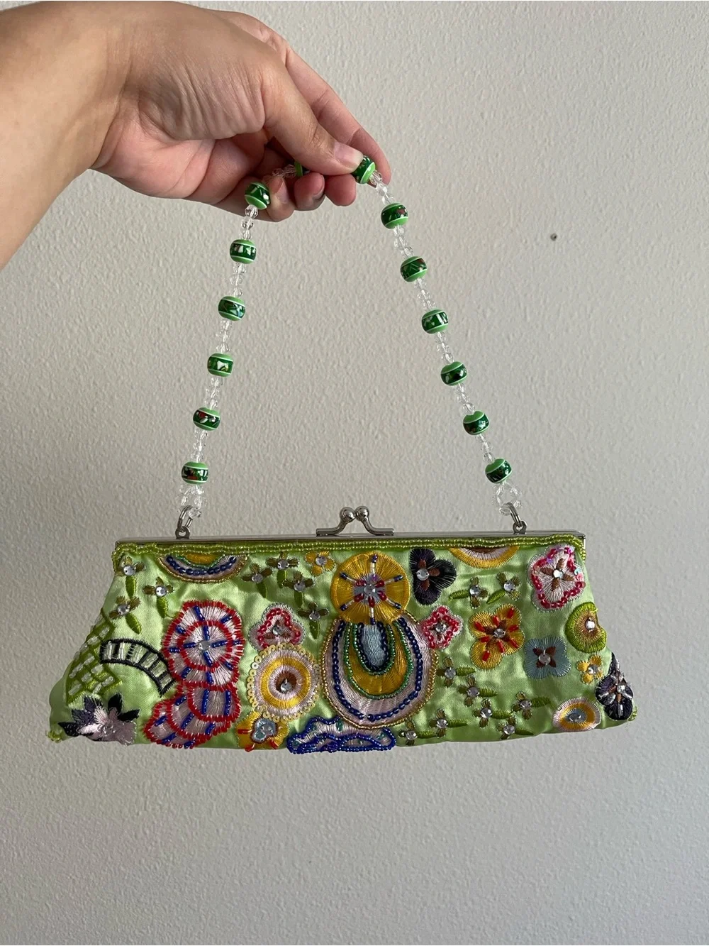 Embroidered Beaded Handle Green Evening Clutch